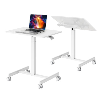 A white adjustable standing desk with wheels, shown in two configurations: one with a laptop on a flat surface and one with a tilted screen stand. The laptop is a prop and not part of the product.