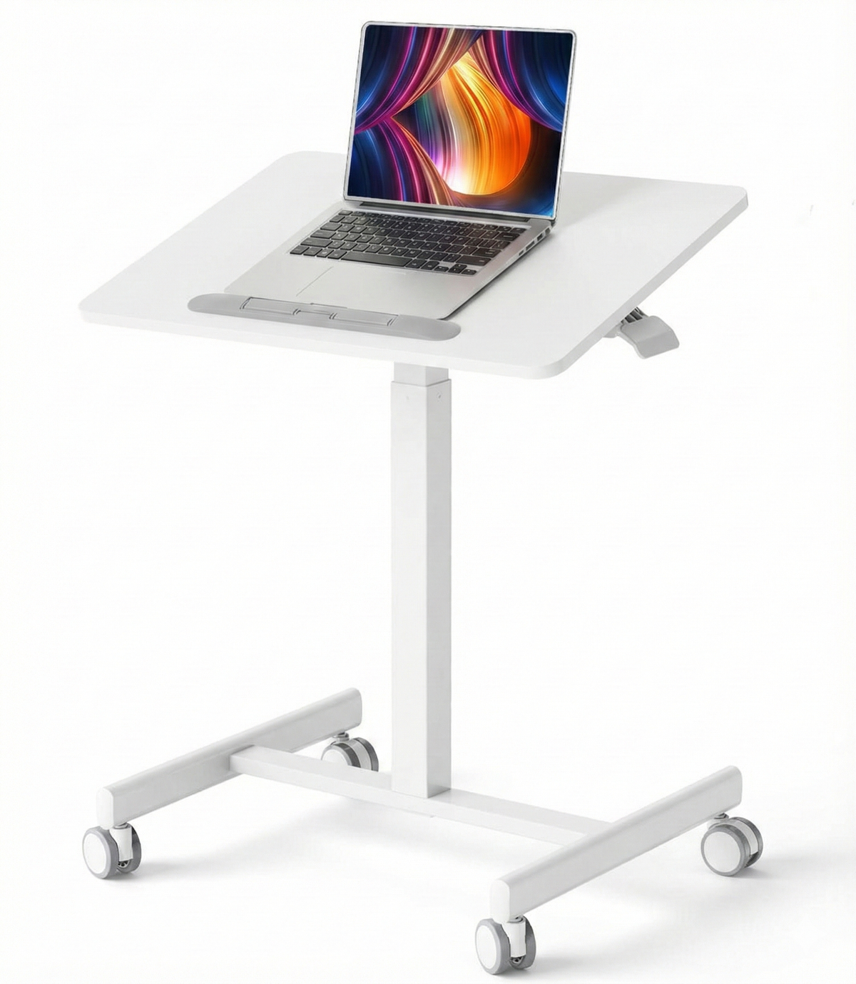 White adjustable standing desk with a laptop on a white background