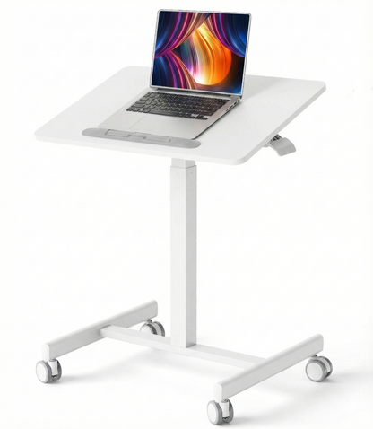 White adjustable standing desk with a laptop on a white background