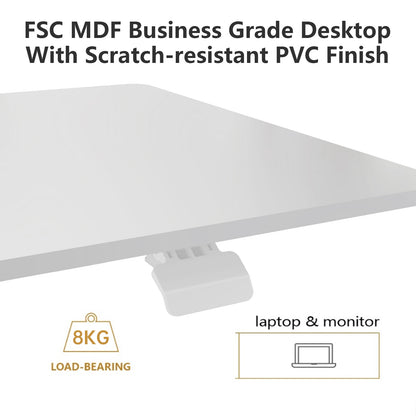 White FSC MDF business grade desktop with a scratch-resistant PVC finish, shown at an angle with text highlighting its 8kg load-bearing strength and compatibility with laptop and monitor use.