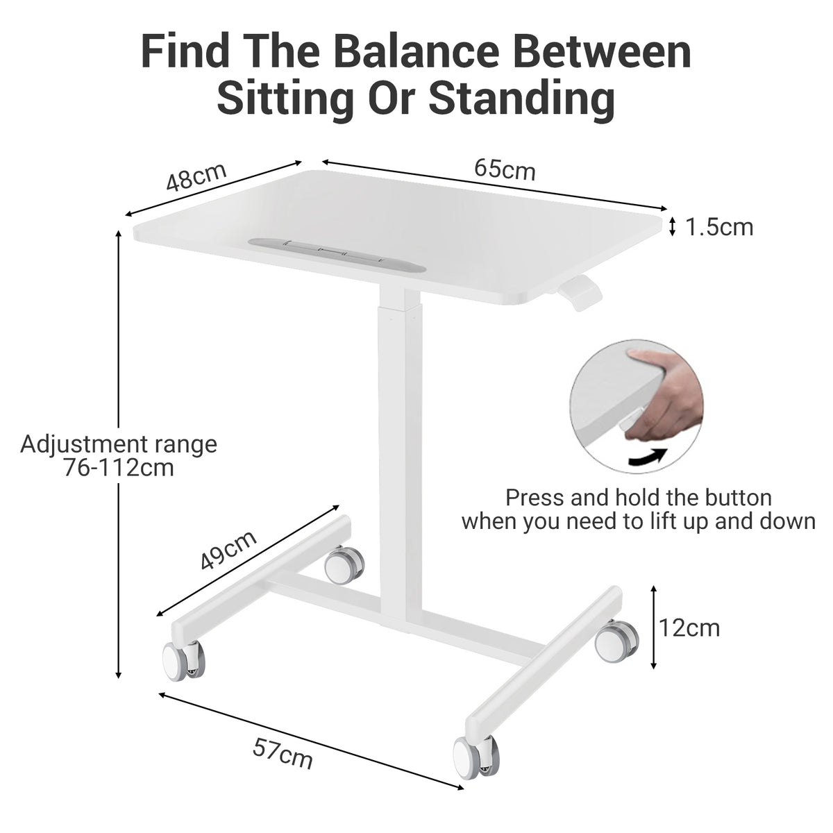 Adjustable standing desk with dimensions and instructions on a white background