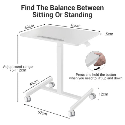 Adjustable standing desk with dimensions and instructions on a white background
