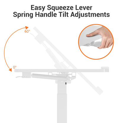 White adjustable stand with 'Easy Squeeze Lever Spring Handle Tilt Adjustments' text and hand illustration.