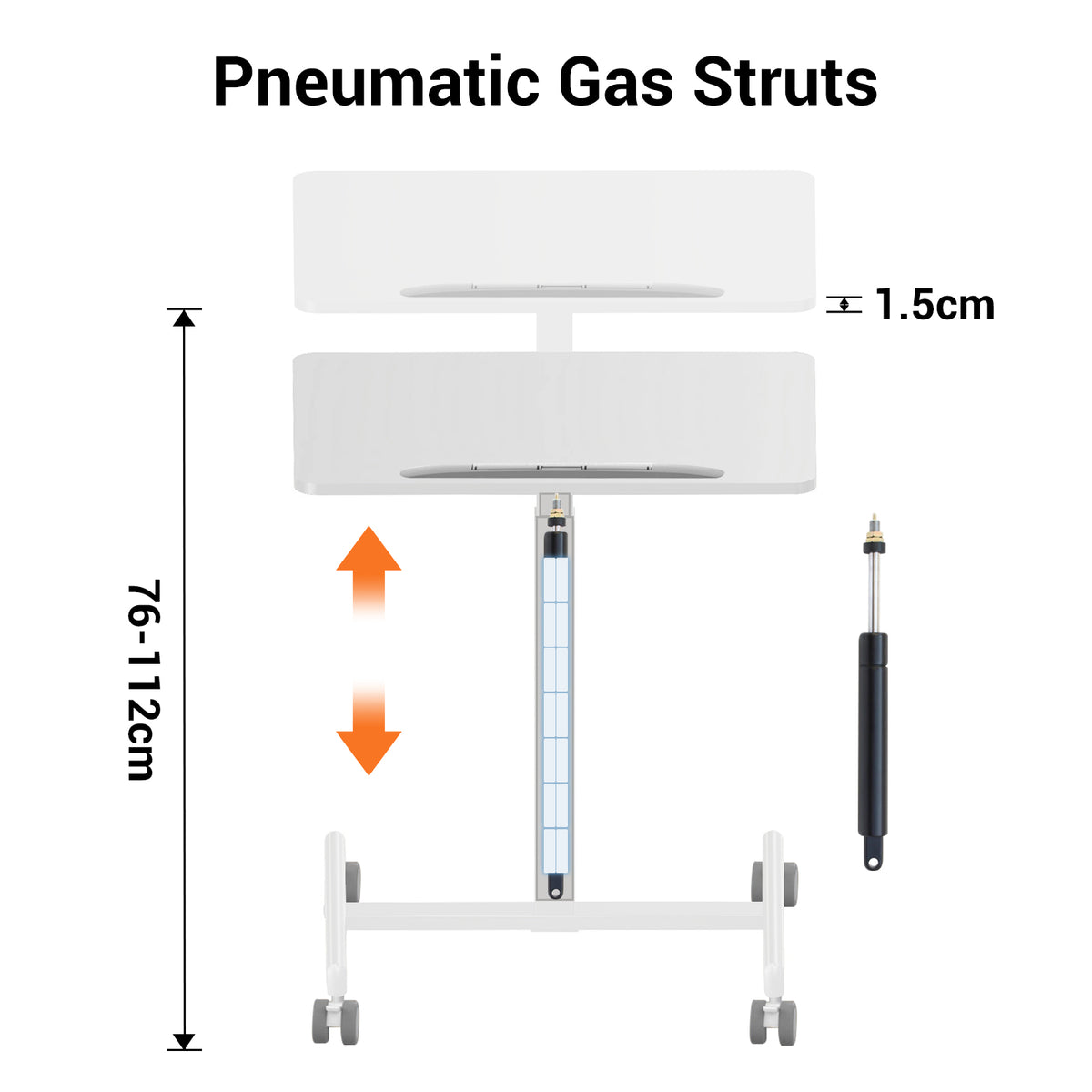 Pneumatic gas strut system with adjustable height measurement on a white background