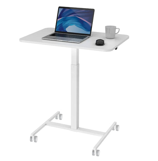 Modern mobile white desk with a laptop displaying a vibrant blue wallpaper, accompanied by a coffee cup and a mouse on a spacious tabletop.