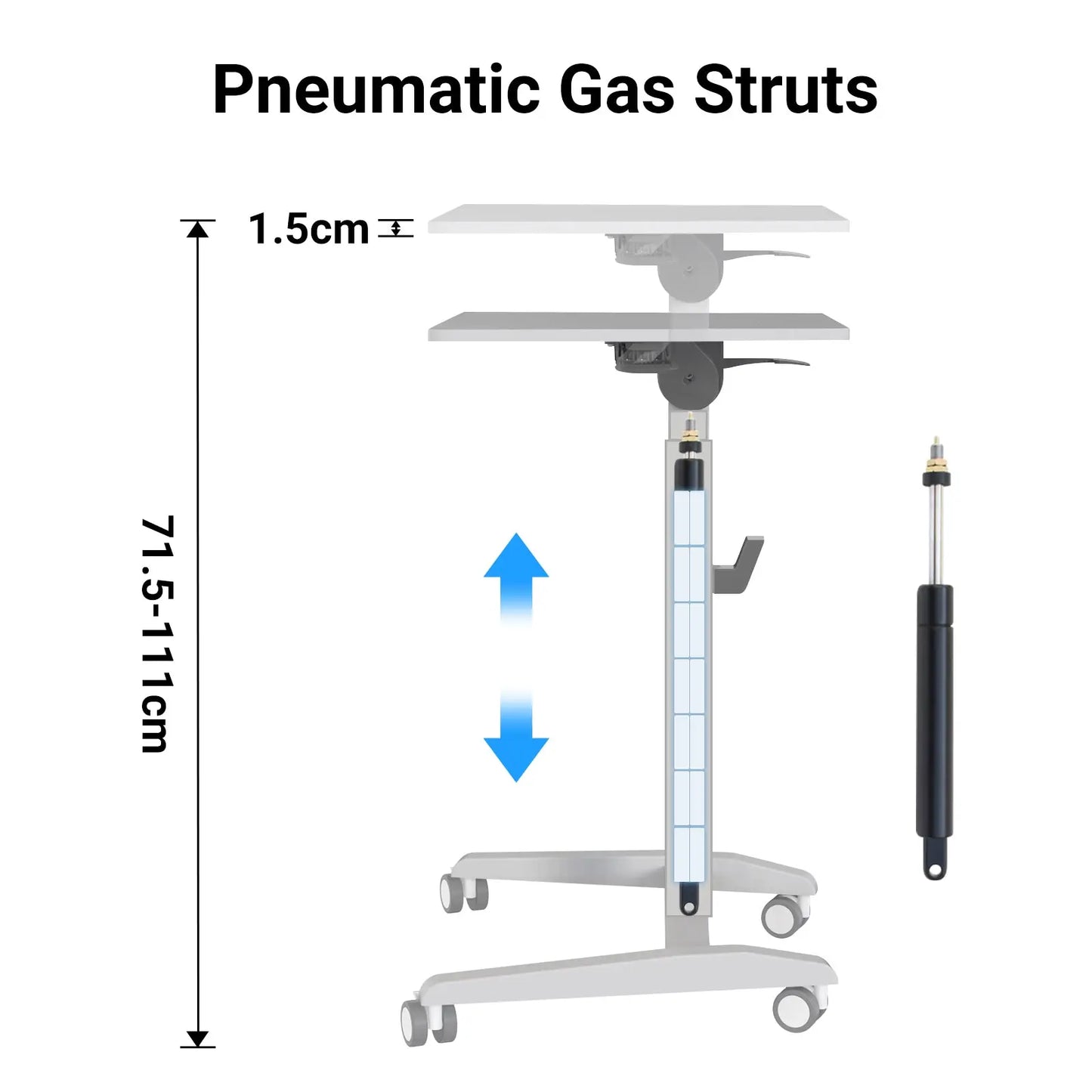 Diagram showing the pneumatic gas struts of a mobile desk, illustrating the adjustable height mechanism and components.