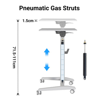 Diagram showing the pneumatic gas struts of a mobile desk, illustrating the adjustable height mechanism and components.