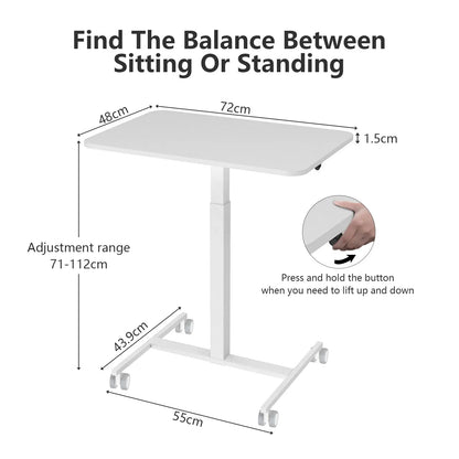 Diagram of a white mobile desk showing various dimensions and the adjustment range, with instructions for lifting and lowering the desk.