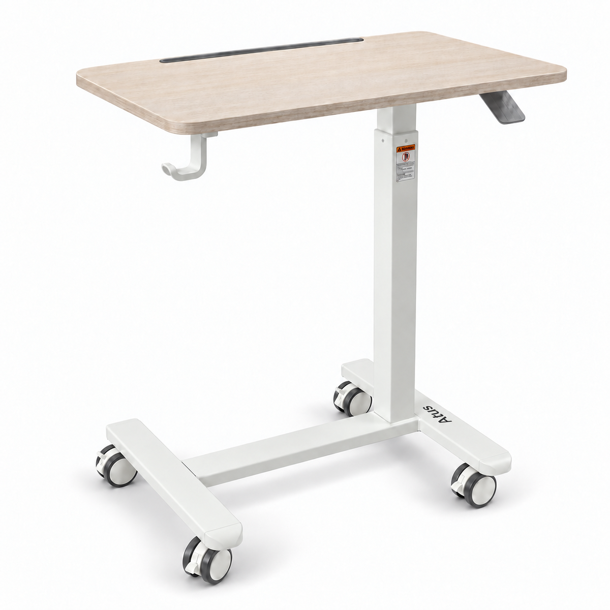 A white and light wood adjustable standing desk with wheels, shown on a clean white background.