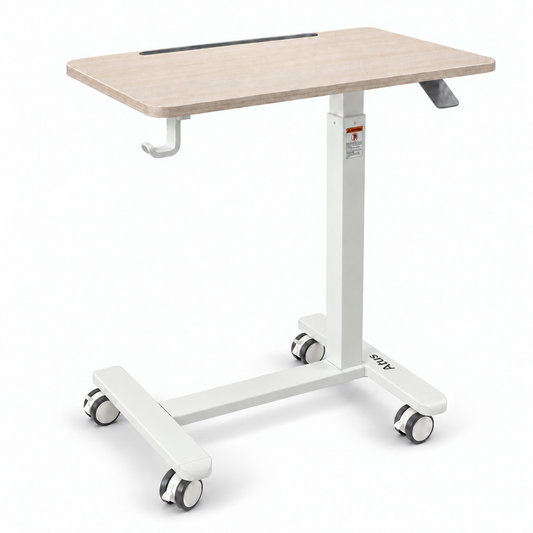 A white and light wood adjustable standing desk with wheels, shown on a clean white background.