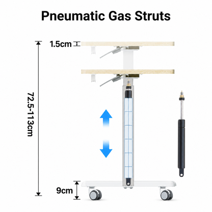 Pneumatic gas strut table height adjuster diagram showing a white wheeled metal stand with adjustable wooden desktop surfaces, blue arrows indicating height adjustment, and a separate black gas strut cylinder on a white background with text reading 'Pneumatic Gas Struts' and dimension labels.