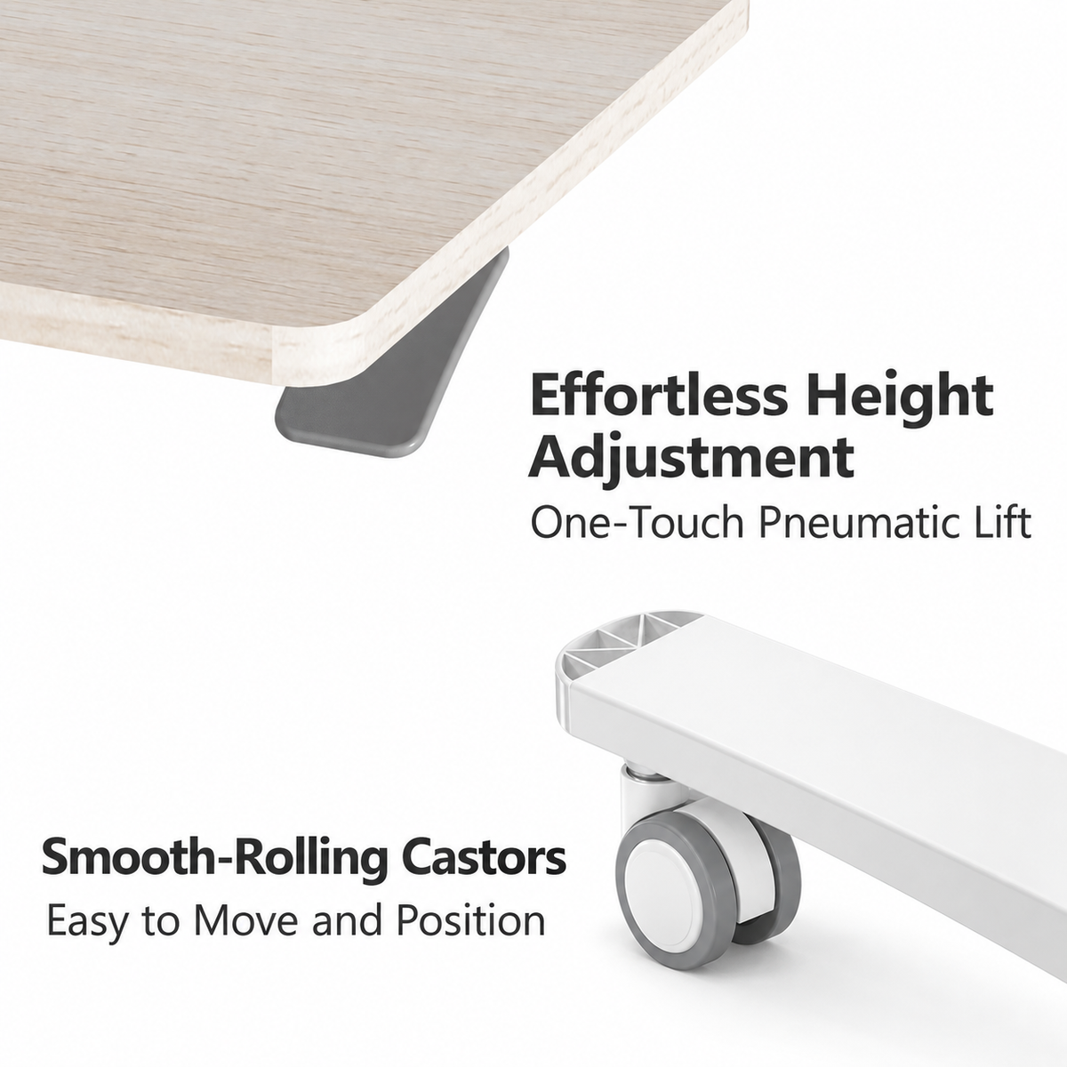 An ergonomic desk with a light wood grain top and white frame, featuring a gray pneumatic lift mechanism and dual gray caster wheels. Text overlays highlight its 'Effortless Height Adjustment' and 'Smooth-Rolling Castors'.