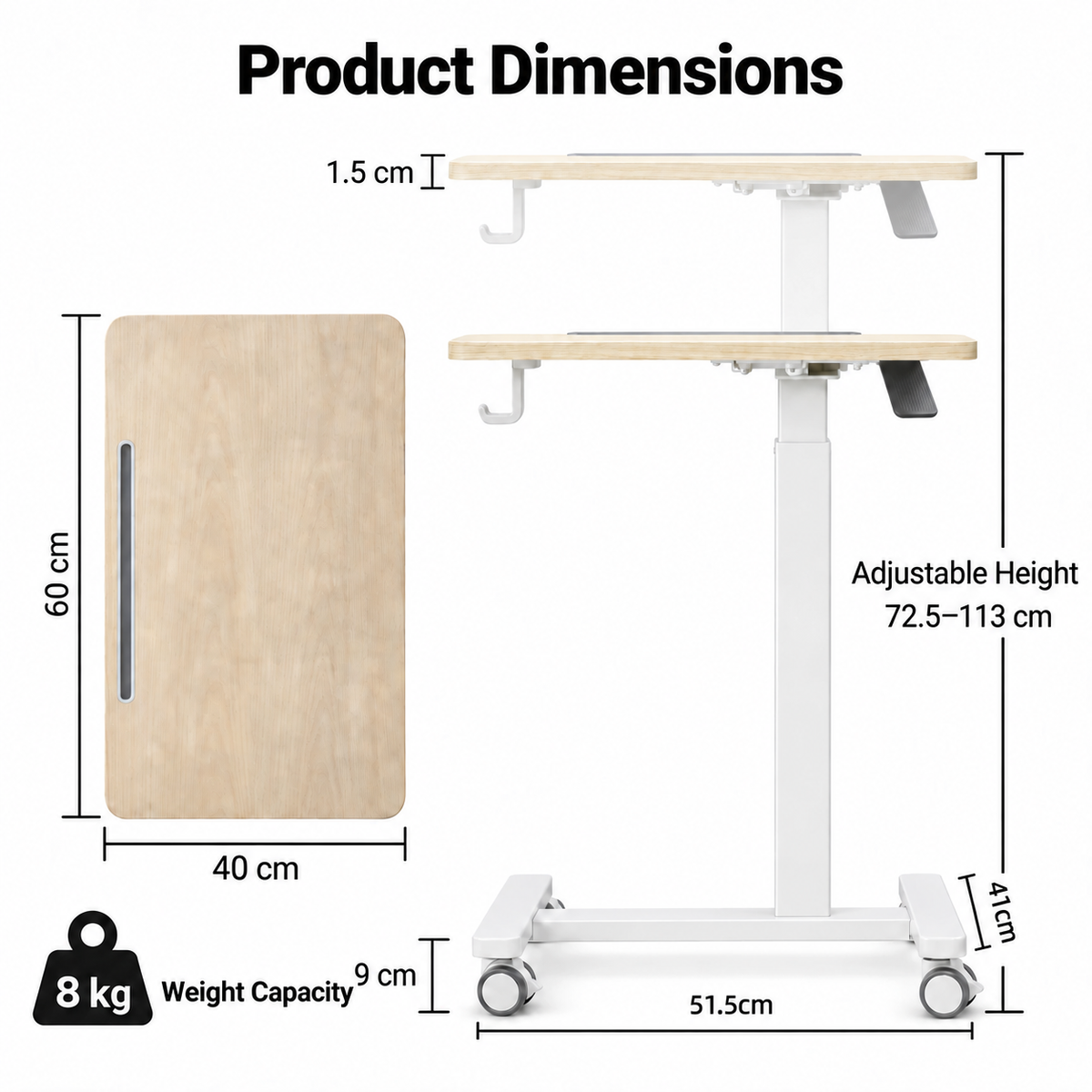 Product dimensions diagram for a height-adjustable standing desk with a light wood top, white metal frame, and caster wheels. The image shows the desk from the side and front, with labeled measurements for height, width, and depth, plus a weight capacity indicator.