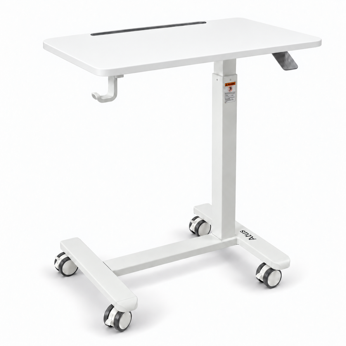 A white adjustable medical or hospital-style standing table with a height-adjustable metal frame, caster wheels, a top tray, and a built-in black slot on the tabletop, shown on a clean white background.
