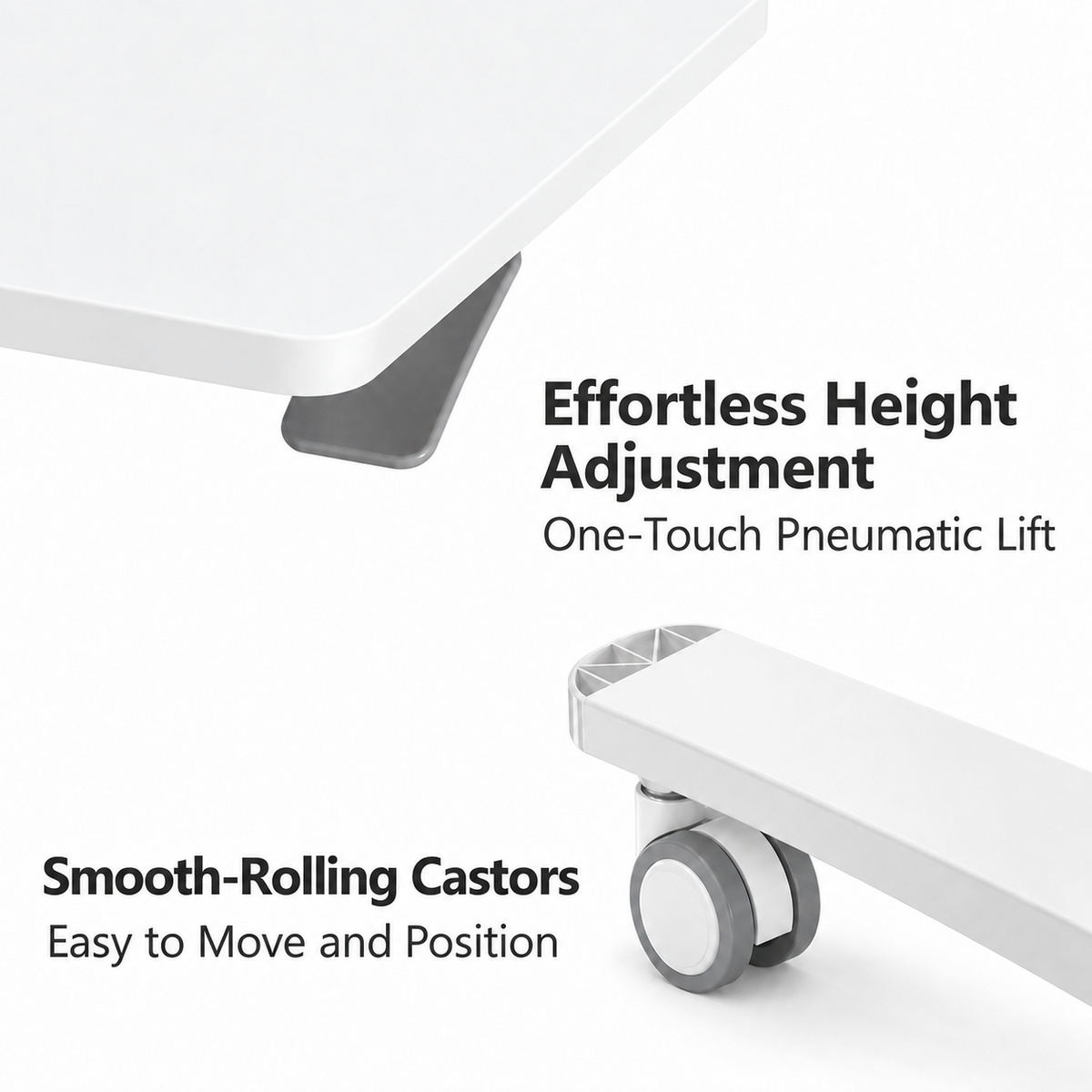 White desk or table leg with gray casters and a gray support bracket, shown with text callouts reading 'Effortless Height Adjustment' and 'Smooth-Rolling Castors' on a clean white background.