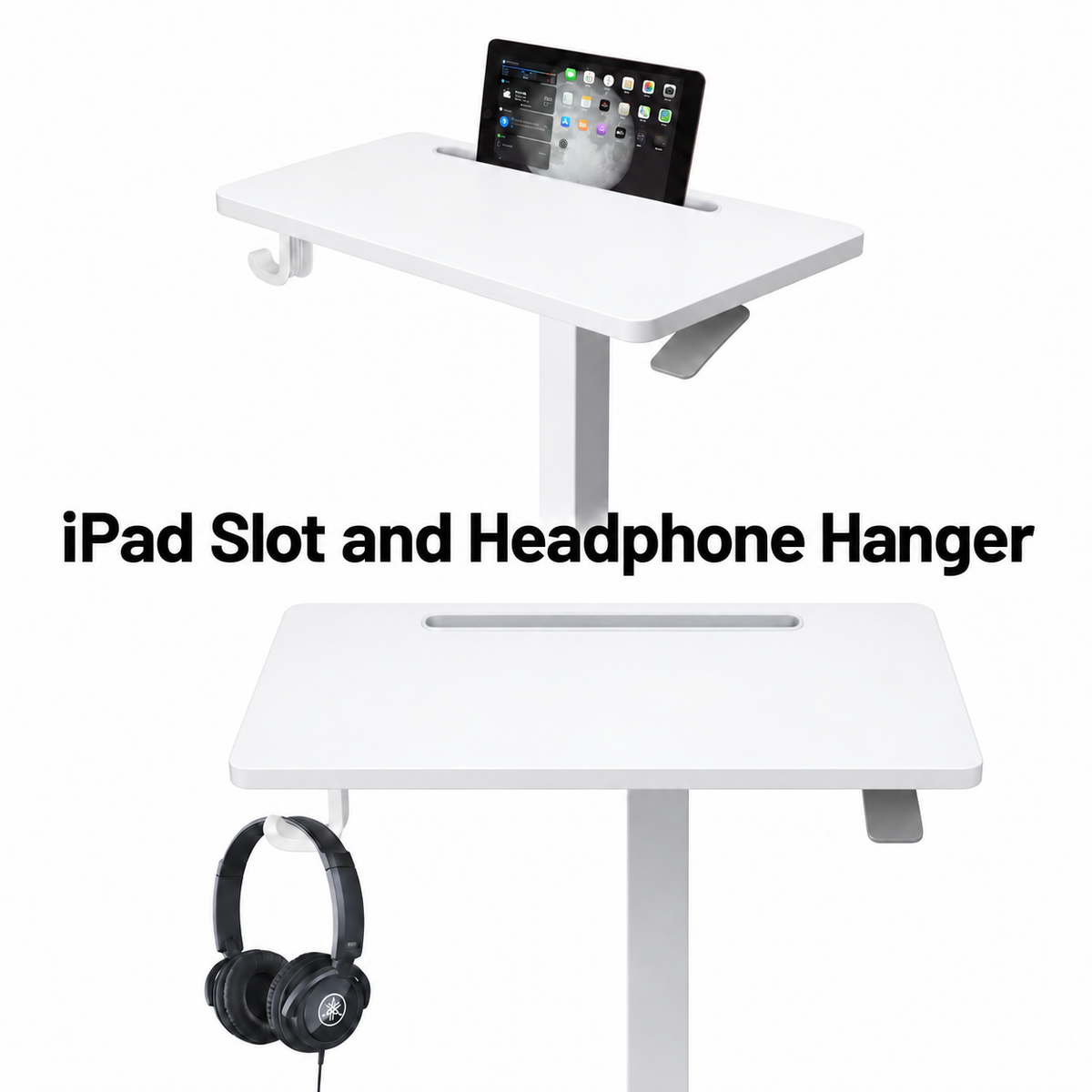 White adjustable standing desk with an iPad slot on the top surface and a headphone hanger on the side, shown with an iPad on the upper shelf and black headphones hanging on the lower shelf against a white background.