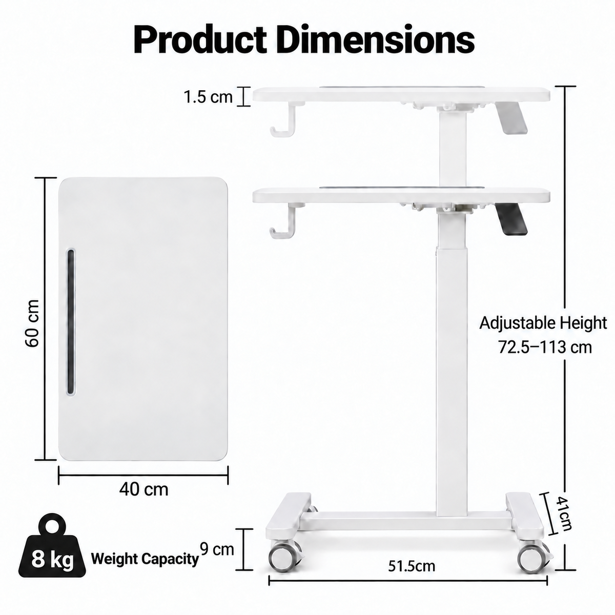 Product dimensions diagram for a white adjustable standing desk with two shelves and caster wheels, showing measurements for height, width, and depth, plus a weight capacity label indicating 8 kg.