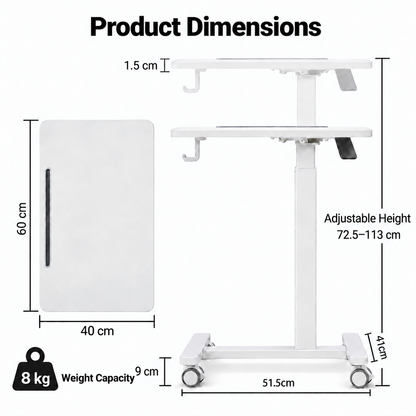 Product dimensions diagram for a white adjustable standing desk with two shelves and caster wheels, showing measurements for height, width, and depth, plus a weight capacity label indicating 8 kg.
