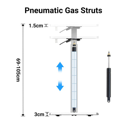 Technical diagram showcasing the pneumatic gas struts of a height-adjustable desk, indicating the adjustable range and dimensions of the mechanism.