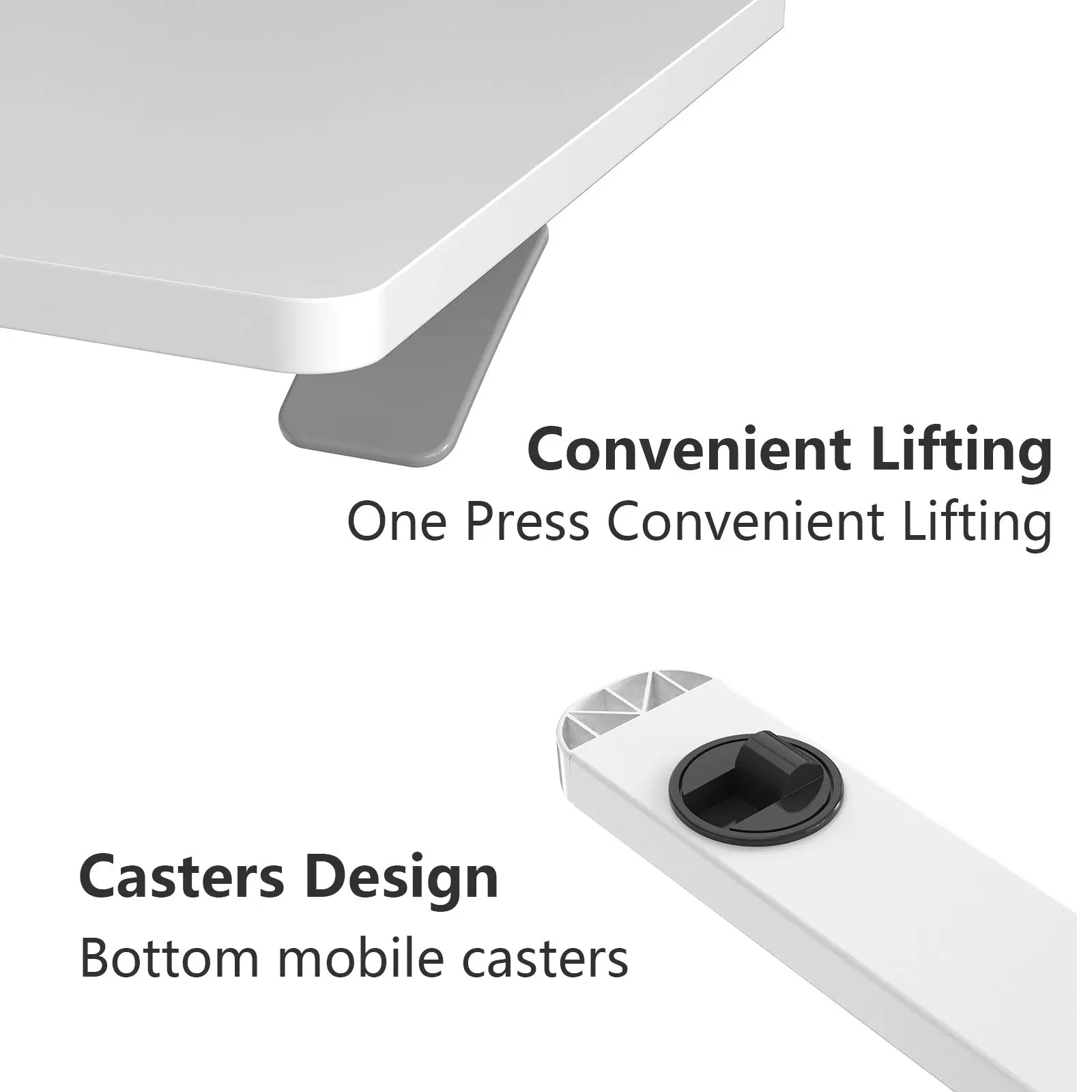 Detailed view of a white standing desk's feature highlighting convenient lifting with a button and mobile casters at the base for easy movement.