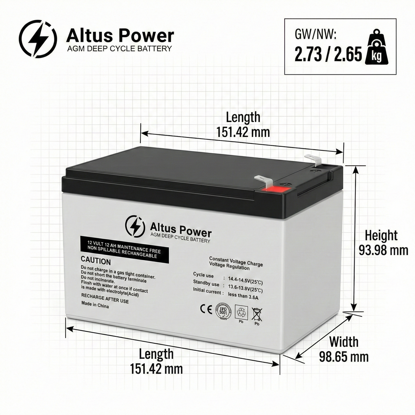 Altus 12V 12ah AGM 电池深循环 SLA 铅酸电池
