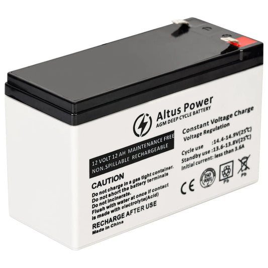 Side view of the Altus 12V 12Ah AGM battery showcasing the battery's terminals and labels.