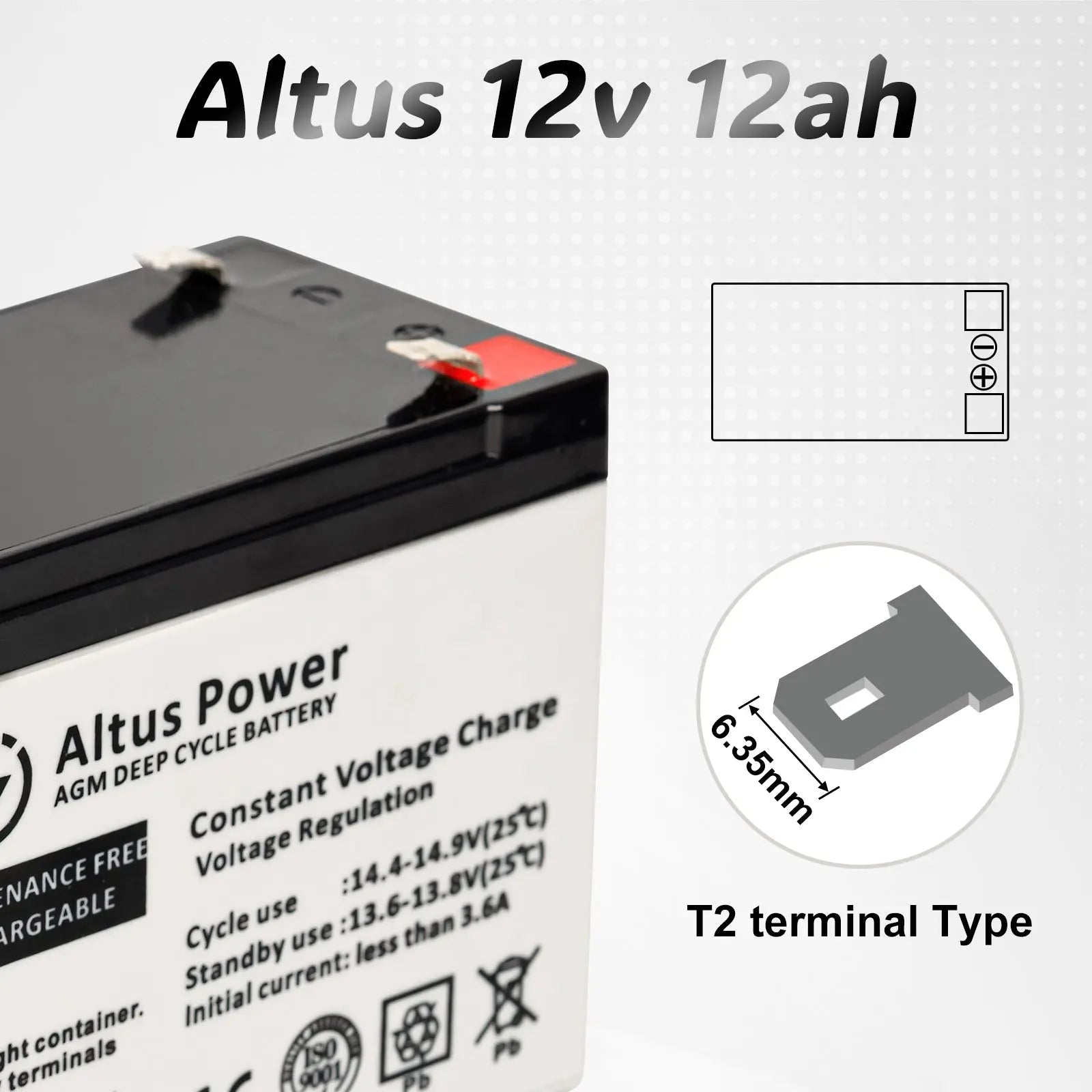 Close-up view of the Altus 12V 12Ah AGM battery's terminal type, indicating a T2 terminal design with measurements.