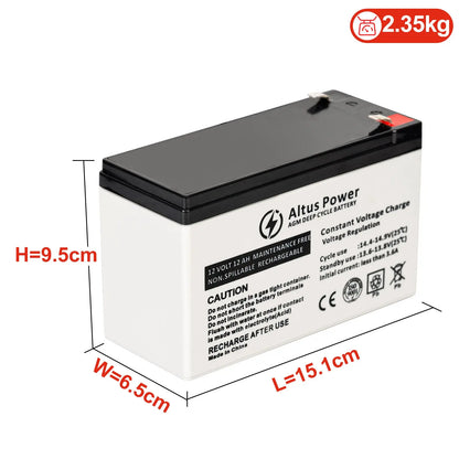 A detailed front view of an Altus 12V 12Ah AGM battery highlighting its dimensions and weight, including labels for height, width, and length.