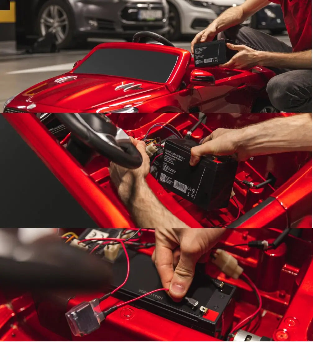 A sequence of images showing the installation of the Altus 12V 12Ah AGM battery in a toy car, including connecting the battery to the vehicle's electrical system.