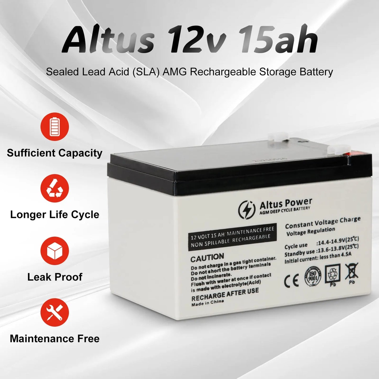 A promotional infographic displaying the key features of the Altus 12V 15Ah AGM battery, such as its sufficient capacity, longer life cycle, and leak-proof design.