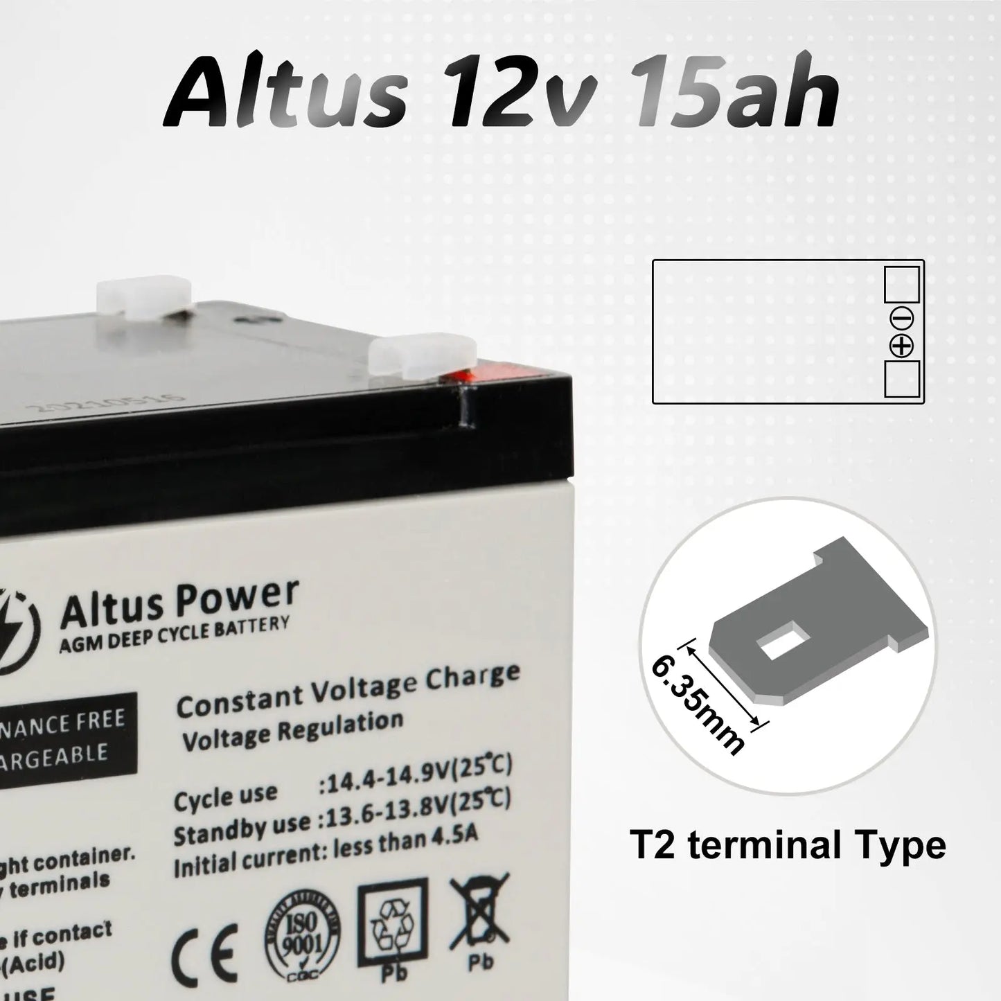 Close-up view of the Altus 12V 15Ah AGM battery's terminal type, indicating a T2 terminal design with measurements.