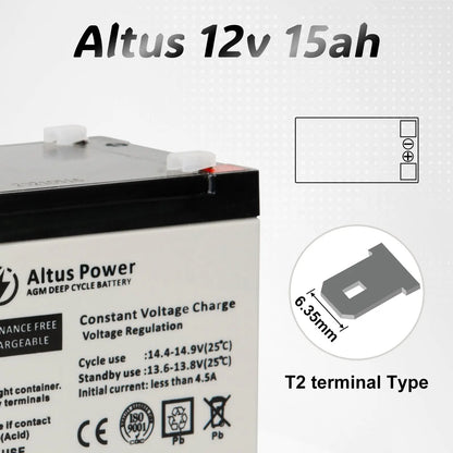 Close-up view of the Altus 12V 15Ah AGM battery's terminal type, indicating a T2 terminal design with measurements.