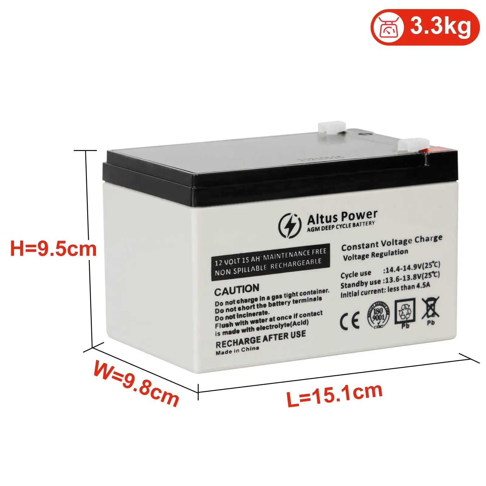 A detailed front view of an Altus 12V 15Ah AGM battery highlighting its dimensions and weight, including labels for height, width, and length.