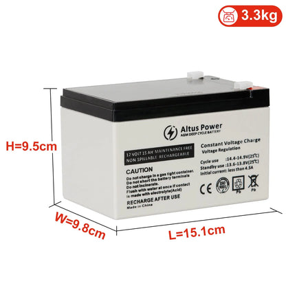 A detailed front view of an Altus 12V 15Ah AGM battery highlighting its dimensions and weight, including labels for height, width, and length.