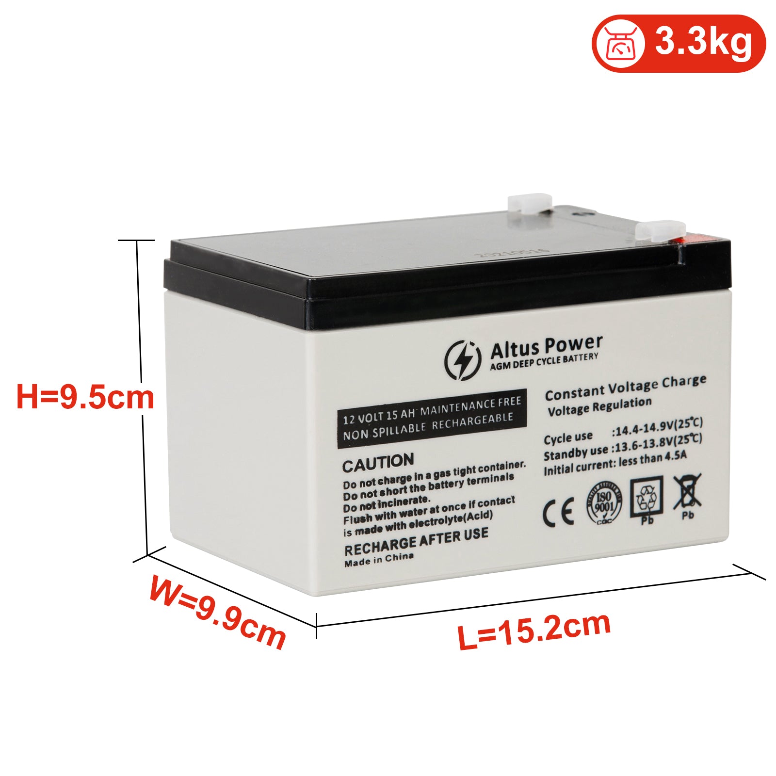 A detailed front view of an Altus 12V 15Ah AGM battery highlighting its dimensions and weight, including labels for height, width, and length.