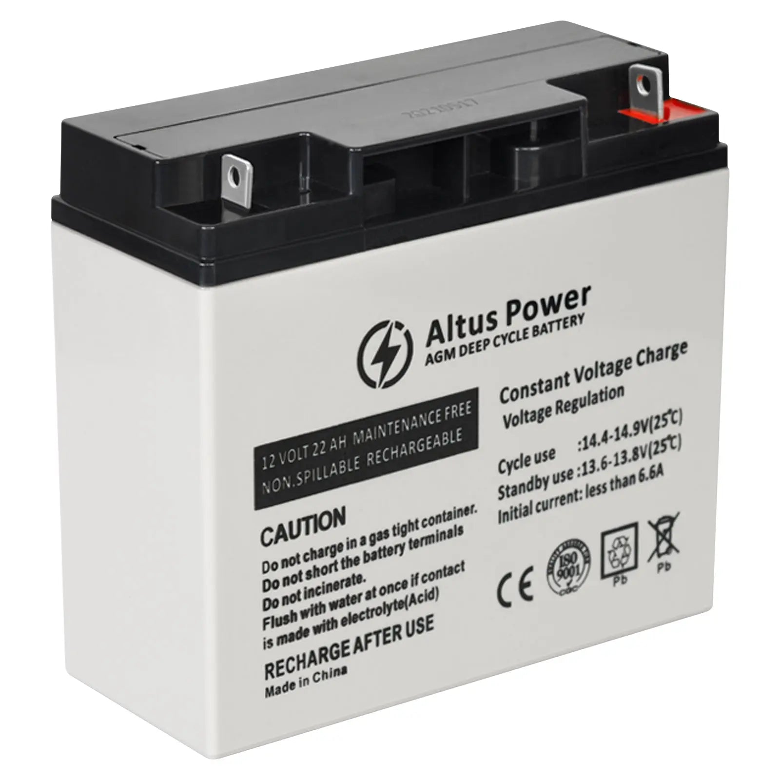 Basic Product Image - A plain image of the Altus 12V 22ah AGM Deep Cycle Battery highlighting its black and white casing and the branded labeling.