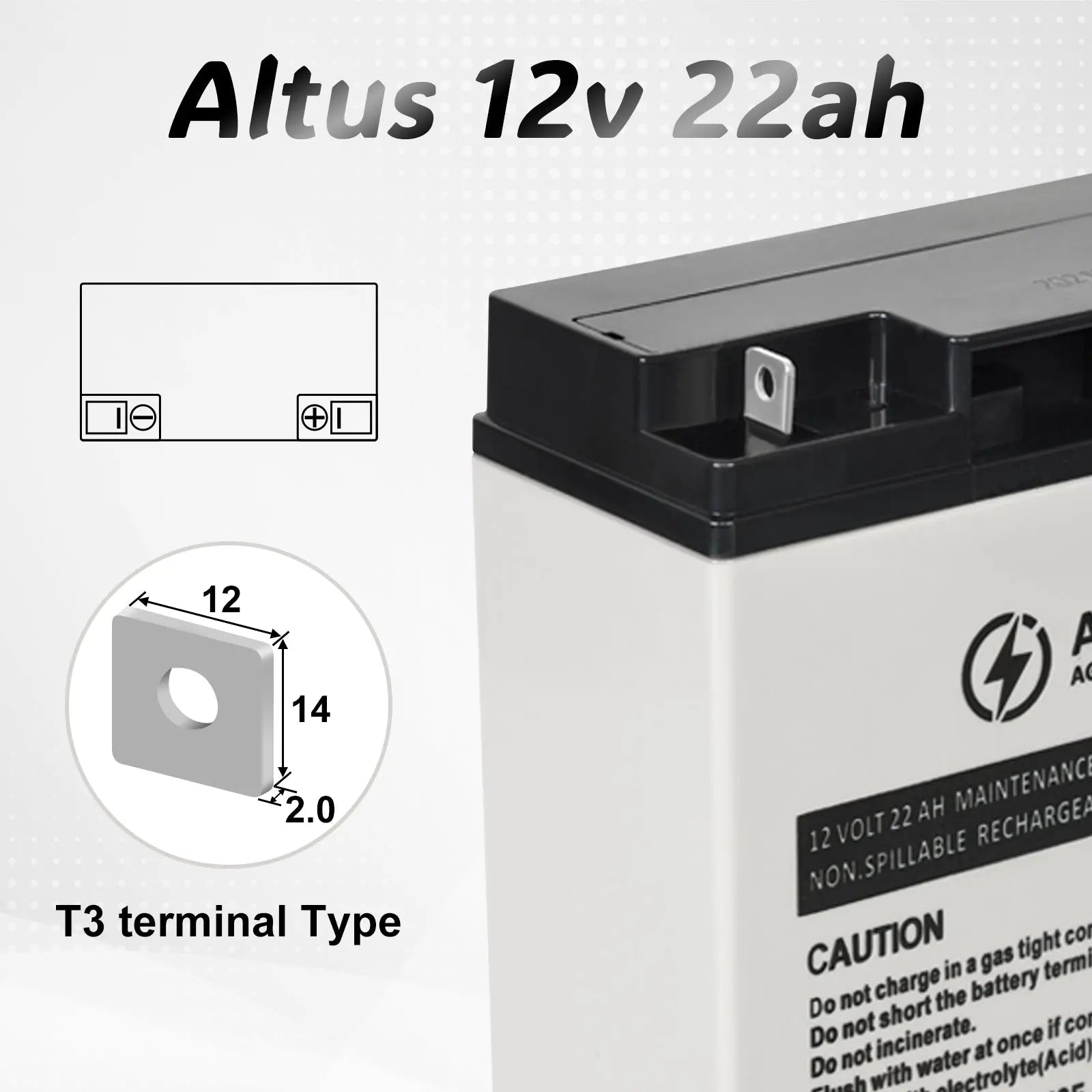 Technical Specification Image - An informative graphic detailing the T3 terminal type of the Altus 12V 22ah AGM Battery with dimensions and visual aids.