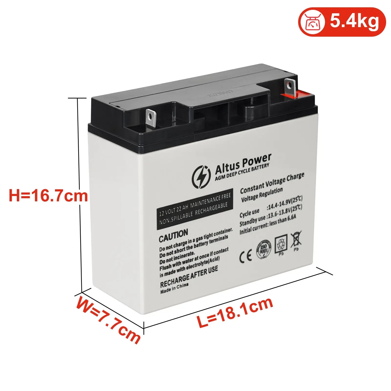 Dimensional Information Image - An image providing the dimensions and weight of the Altus 12V 22ah AGM Battery, with height, width, and length clearly labeled.