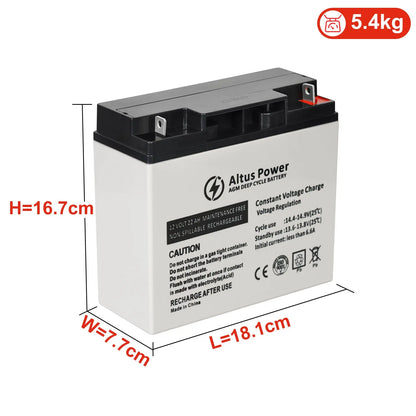 Dimensional Information Image - An image providing the dimensions and weight of the Altus 12V 22ah AGM Battery, with height, width, and length clearly labeled.