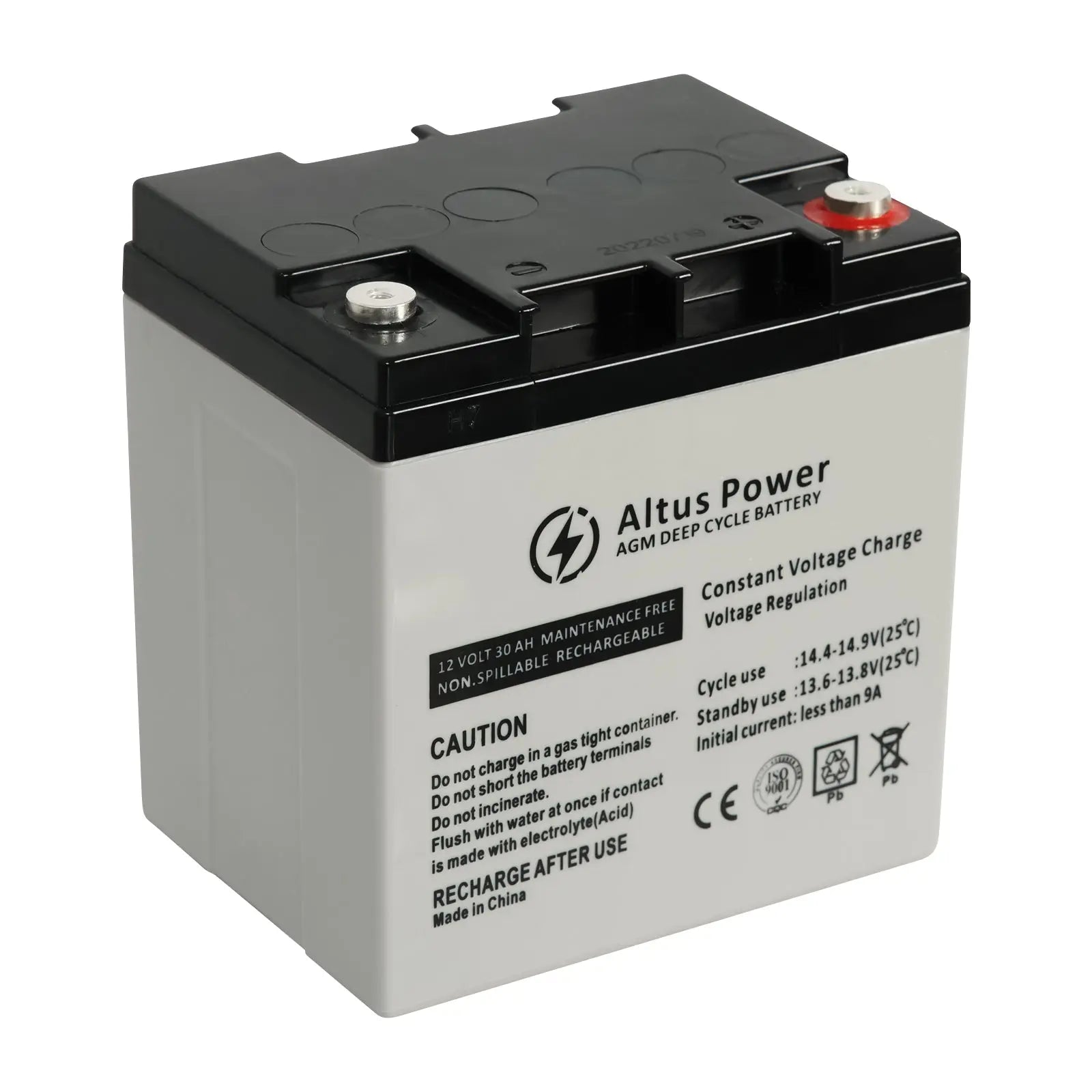 Basic Product Image - A plain image of the Altus 12V 30ah AGM Deep Cycle Battery highlighting its black and white casing and the branded labeling.