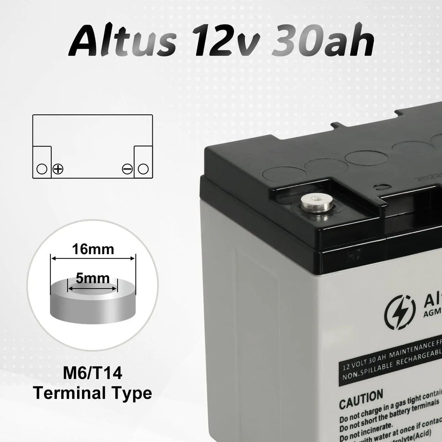 an informative graphic of the Altus 12V 30ah AGM Battery. It highlights the M6/T14 terminal type with detailed visuals, including a close-up of the terminal and a schematic representation showing the layout of the positive and negative posts. Dimensions of the terminal are precisely labeled, indicating a diameter of 16mm and a height of 5mm. The battery itself is featured prominently, displaying its clean, maintenance-free design and safety warnings on its label.