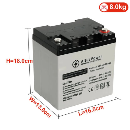 Dimensional Information Image - An image providing the dimensions and weight of the Altus 12V 30ah AGM Battery, with height, width, and length clearly labeled.