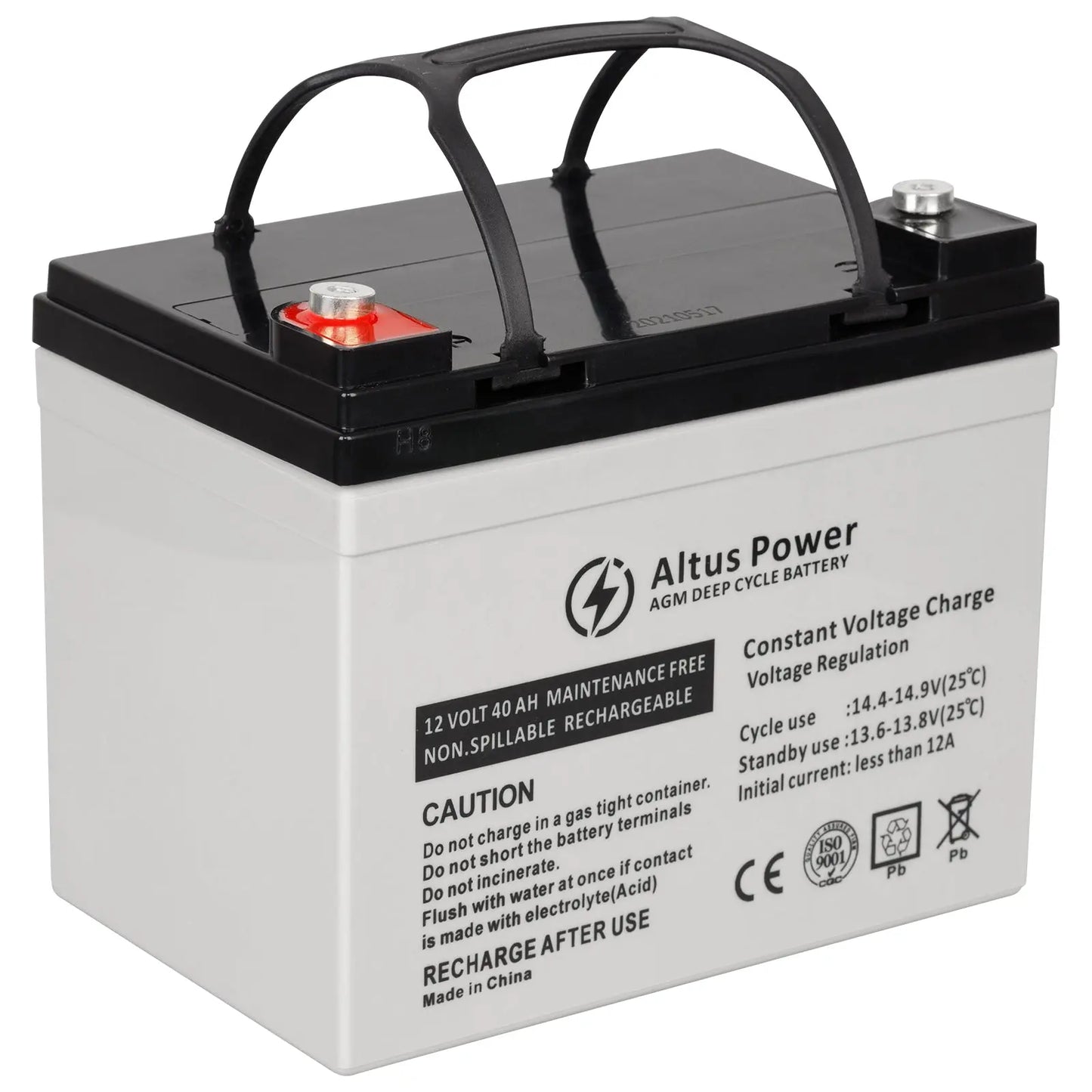 Basic Product Image - A plain image of the Altus 12V 40ah AGM Deep Cycle Battery highlighting its black and white casing and the branded labeling.