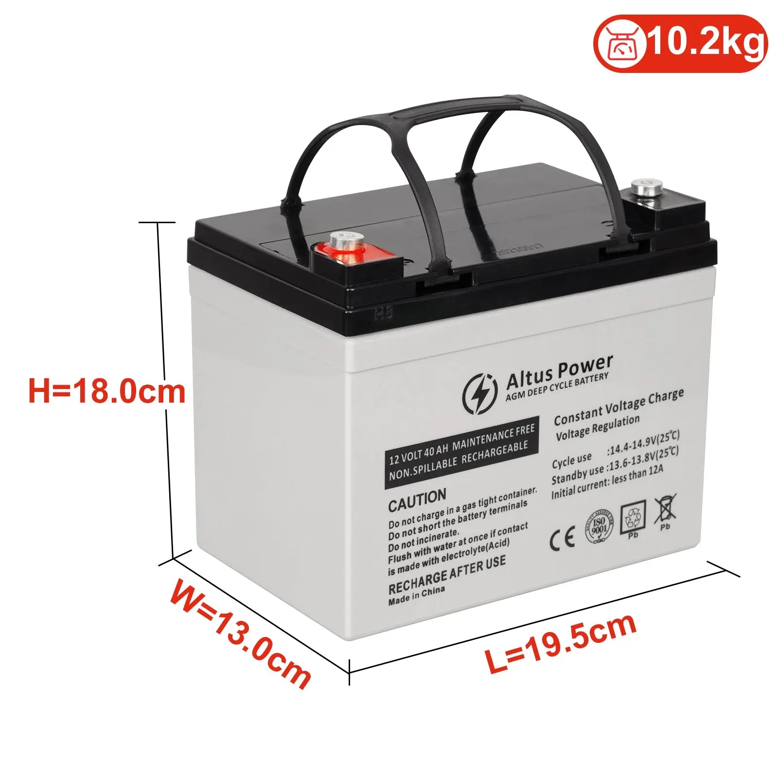 Dimensional Information Image - An image providing the dimensions and weight of the Altus 12V 40ah AGM Battery, with height, width, and length clearly labeled.