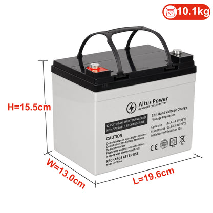 Dimensional Information Image - An image providing the dimensions and weight of the Altus 12V 40ah AGM Battery, with height, width, and length clearly labeled.