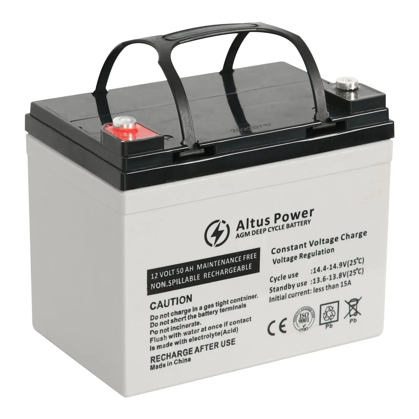 Basic Product Image - A plain image of the Altus 12V 50ah AGM Deep Cycle Battery highlighting its black and white casing and the branded labeling.