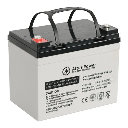 Basic Product Image - A plain image of the Altus 12V 50ah AGM Deep Cycle Battery highlighting its black and white casing and the branded labeling.