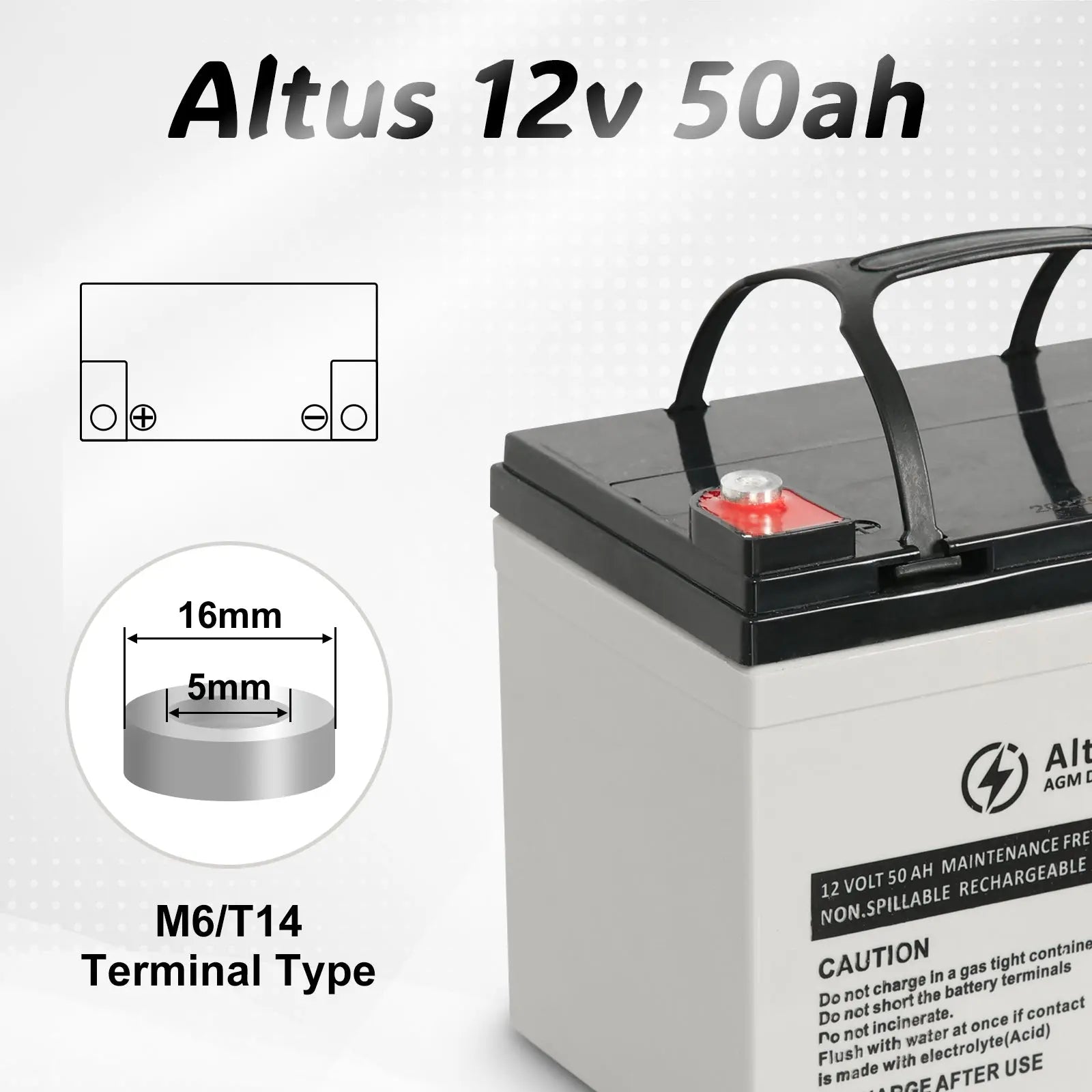 Technical Specification Image - an informative graphic of the Altus 12V 50ah AGM Battery. It highlights the M6/T14 terminal type with detailed visuals, including a close-up of the terminal and a schematic representation showing the layout of the positive and negative posts. Dimensions of the terminal are precisely labeled, indicating a diameter of 16mm and a height of 5mm. The battery itself is featured prominently, displaying its clean, maintenance-free design and safety warnings on its label.