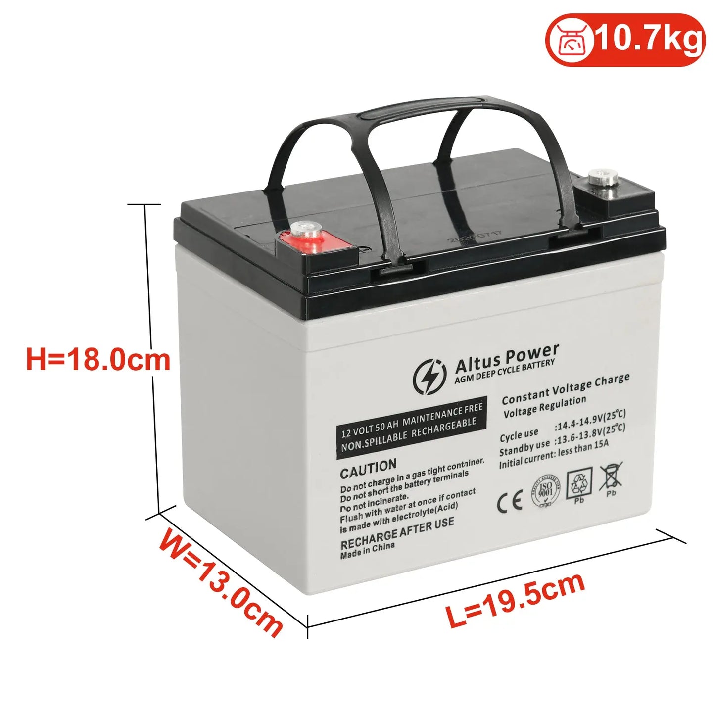 Dimensional Information Image - An image providing the dimensions and weight of the Altus 12V 50ah AGM Battery, with height, width, and length clearly labeled.