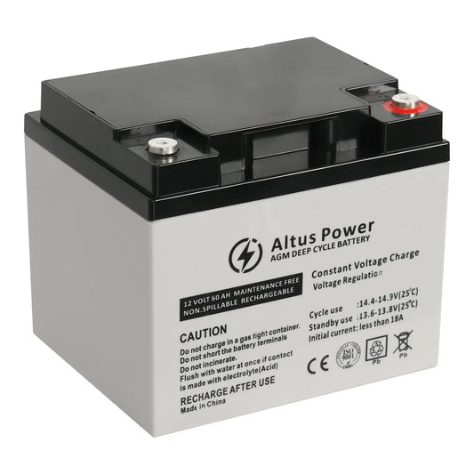 Basic Product Image - A plain image of the Altus 12V 60ah AGM Deep Cycle Battery highlighting its black and white casing and the branded labeling.